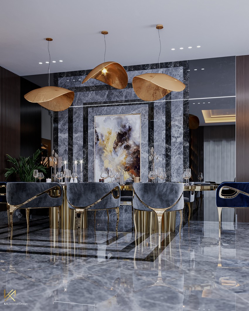 Diseño de Interiores: Un espacio de comedor y sala de estar lujuosa en Dubai