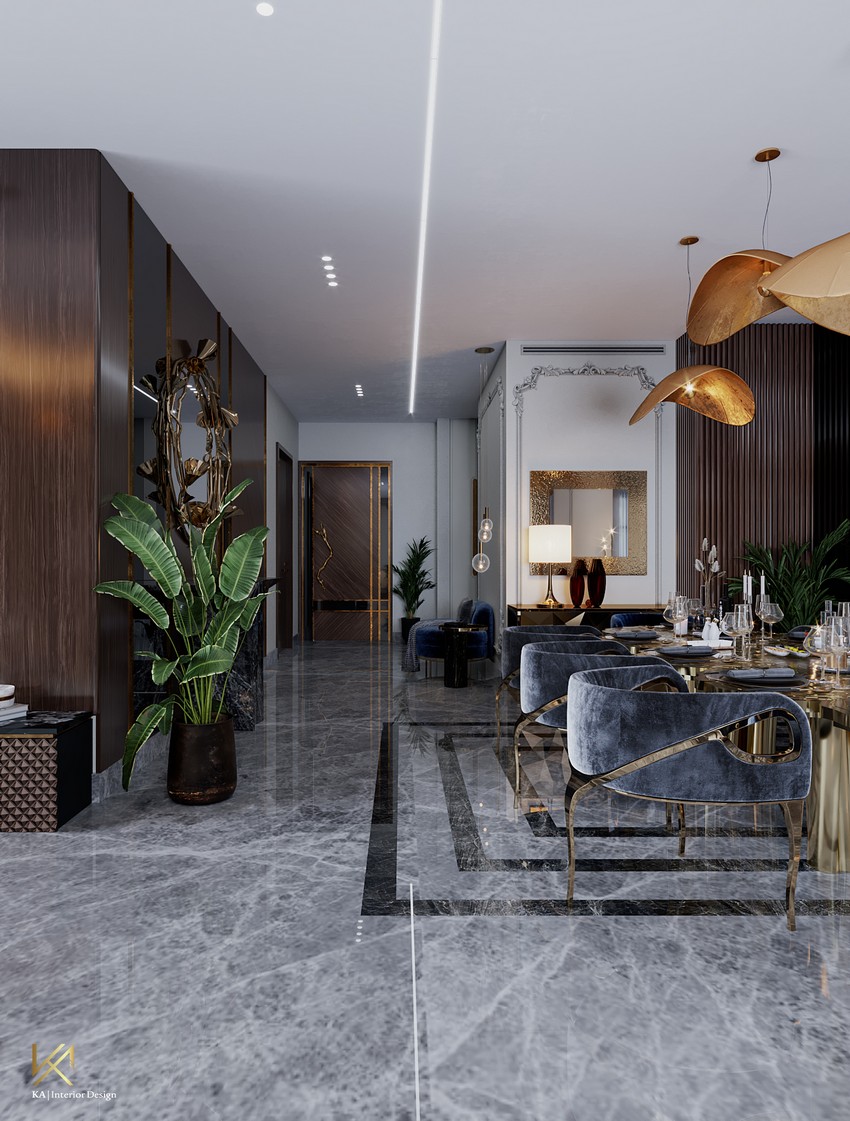 Diseño de Interiores: Un espacio de comedor y sala de estar lujuosa en Dubai