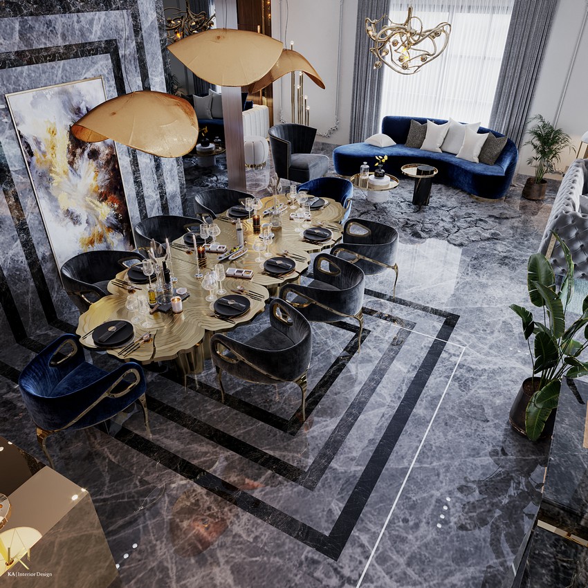 Diseño de Interiores: Un espacio de comedor y sala de estar lujuosa en Dubai