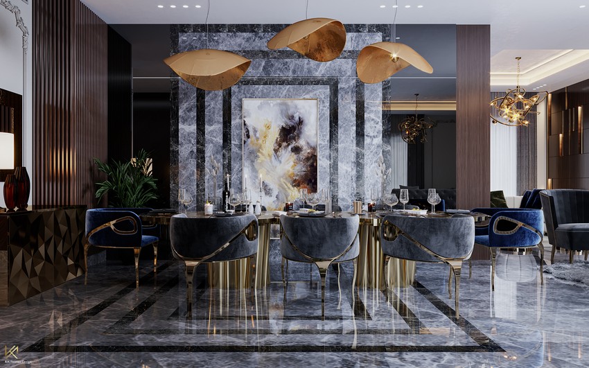Diseño de Interiores: Un espacio de comedor y sala de estar lujuosa en Dubai