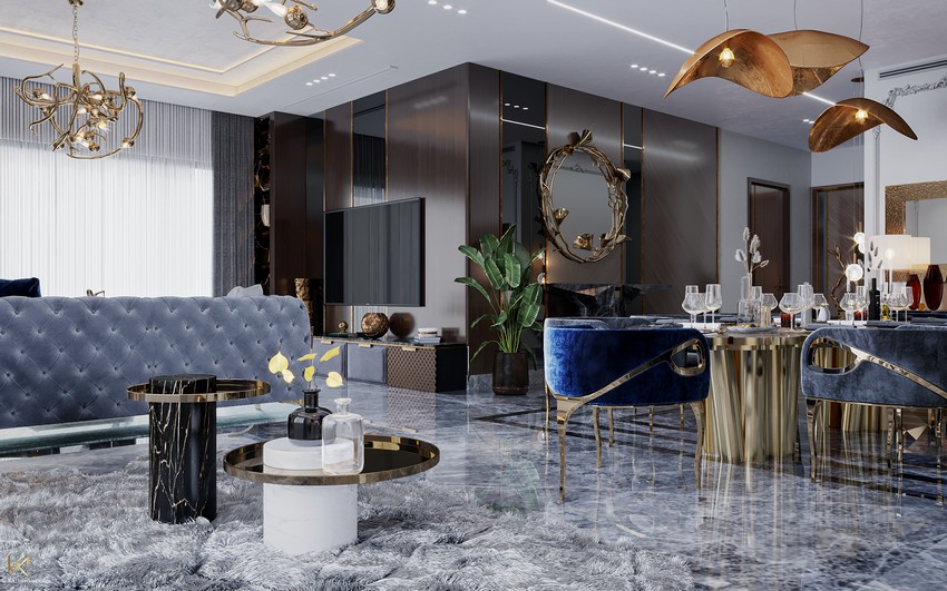 Diseño de Interiores: Un espacio de comedor y sala de estar lujuosa en Dubai
